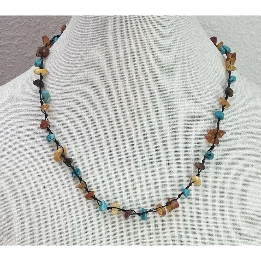 Southwestern Amber Turquoise Chip Black Knotted Strand Necklace